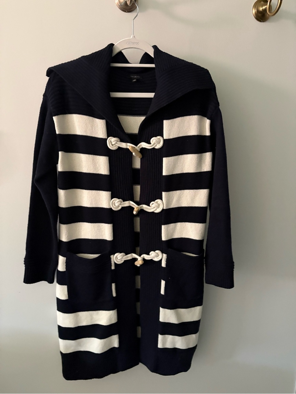 Talbots Navy and White Striped Toggle Cardigan